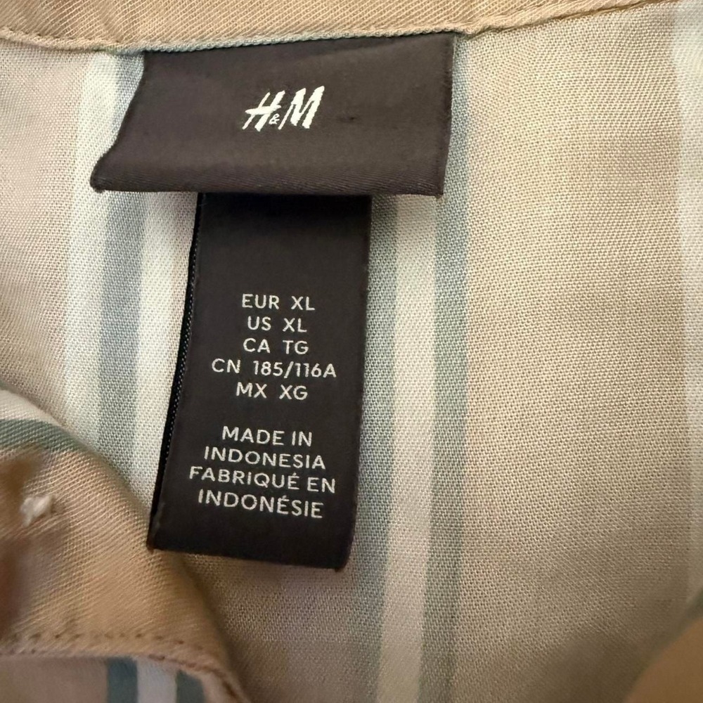 H&M Men's Striped Short Sleeve Button-Up Shirt, Tan & Green, Size XL - Picture 2 of 2